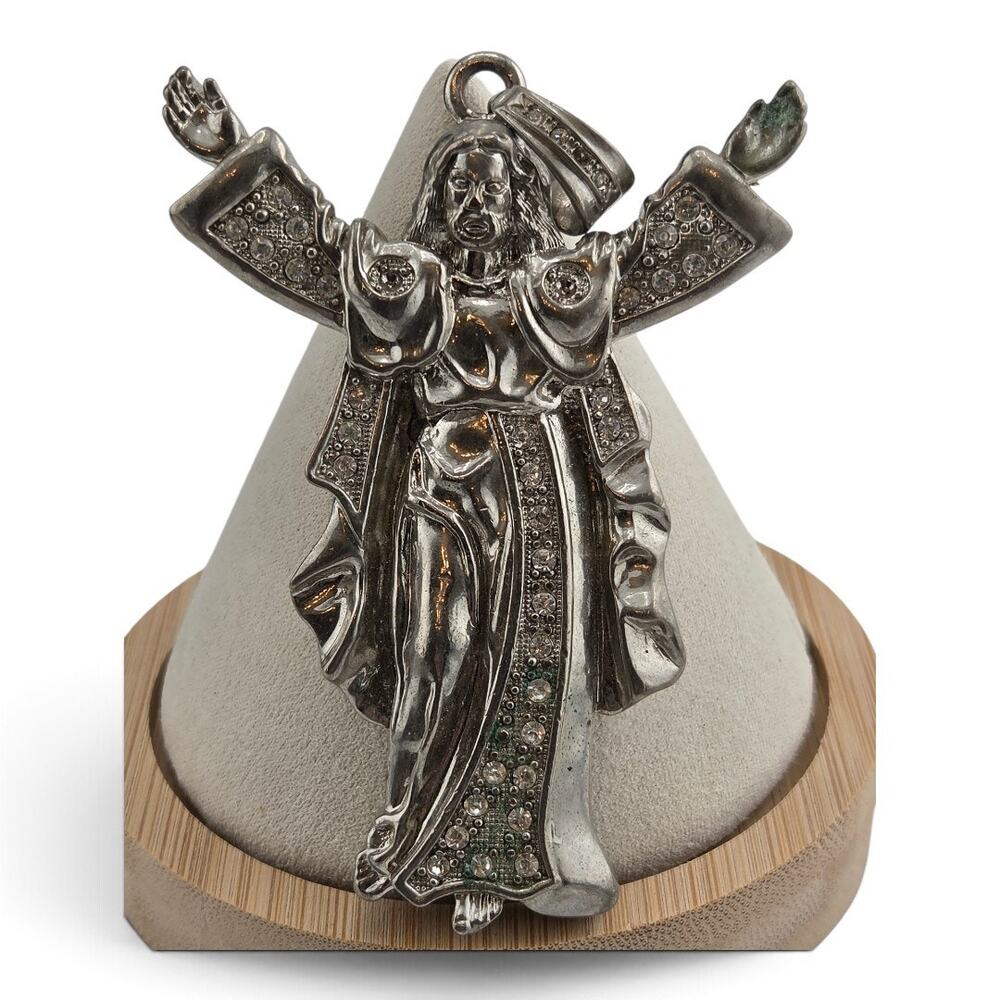 Vintage Large Jesus Christ Rhinestone Silver Tone Religious Pendant 4"